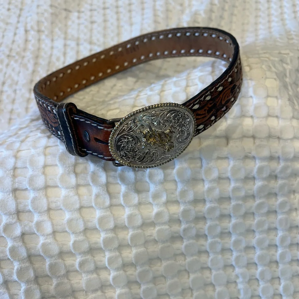 Brown Leather Boy’s Belt with Ornate Silver Buckle
